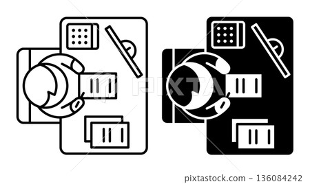 Linear icon. Director of company sits at an office desk in chair and fills out documents. Top view from above. Simple black and white vector symbol Linear icon. Director of company sits at an office desk in chair and fills out documents. Top view from above. Simple black and white vector symbol 136084242