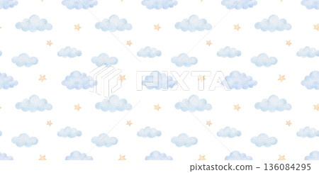 Seamless cute pattern with stars and clouds for baby textile, hand drawn watercolor illustrations 136084295