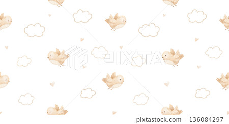 Seamless pattern with cute birds and clouds for baby textile, hand drawn watercolor illustrations Seamless pattern with cute birds and clouds for baby textile, hand drawn watercolor illustrations 136084297