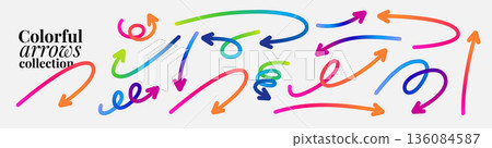 Vector arrow set with gradient colors and hand drawn doodle lines. Abstract curved shapes and modern design icons for creative graphic elements and vibrant illustrations. Vector arrow set with gradient colors and hand drawn doodle lines. Abstract curved shapes and modern design icons for creative graphic elements and vibrant illustrations. 136084587