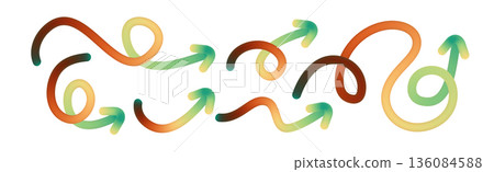 Gradient arrow icons with flowing lines and abstract curves. Modern vector design elements featuring colorful doodle shapes for dynamic graphic illustrations and backgrounds. 136084588