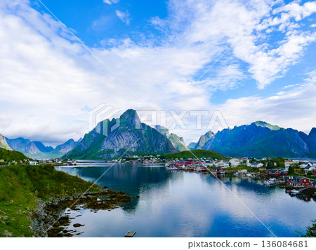 Fjord and mountains landscape. Lofoten islands Norway Fjord and mountains landscape. Lofoten islands Norway 136084681
