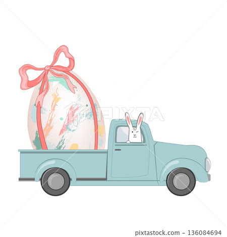 Pickup truck with a big Easter egg and funny bunny driver. Vector Illustration Isolated on white background Pickup truck with a big Easter egg and funny bunny driver. Vector Illustration Isolated on white background 136084694