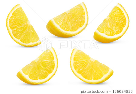 Lemon slices set. Slice of juicy lemon isolated. Collection of lemon slices in different positions. Lemon slices set. Slice of juicy lemon isolated. Collection of lemon slices in different positions. 136084833