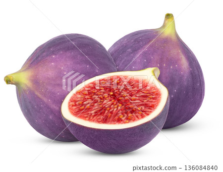 Two fig fruits and a half isolated on white background. Half of fig fruit. 136084840