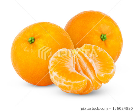 Two tangerines, mandarines or clementines and peeled half isolated. Two tangerines, mandarines or clementines and peeled half isolated. 136084880