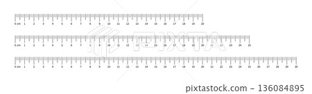Set of measuring chart with 20cm, 25cm and 30 centimeters. Collection of ruler scale 200mm, 250mm and 300mm with numbers. Templates of ruler scale. Length measurement height. Set of measuring chart with 20cm, 25cm and 30 centimeters. Collection of ruler scale 200mm, 250mm and 300mm with numbers. Templates of ruler scale. Length measurement height. 136084895