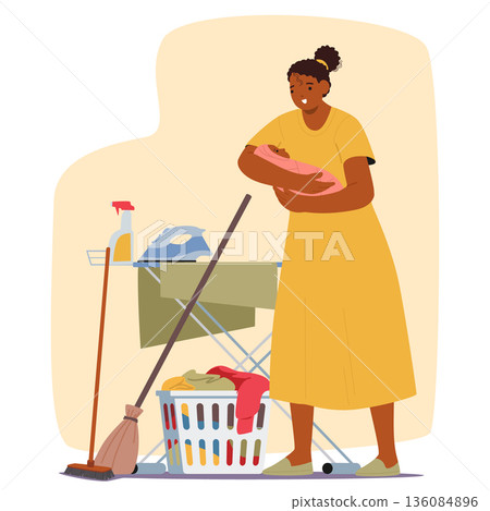 Woman with infant and household chores including traditional gender norms and societal pressure 136084896