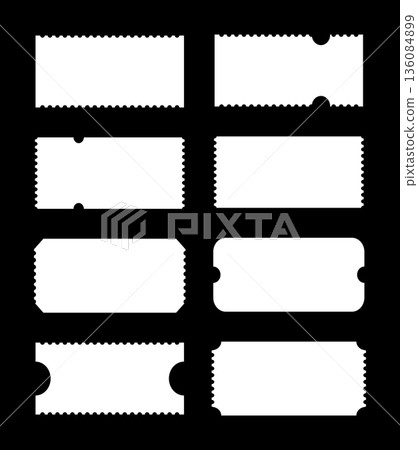 Admit tickets mockup on black background. Ticket for cinema, festival, casino, circus, theater, club pattern. Empty flat templates. Simple boarding blank, minimalist sale coupons, lottery. Admit tickets mockup on black background. Ticket for cinema, festival, casino, circus, theater, club pattern. Empty flat templates. Simple boarding blank, minimalist sale coupons, lottery. 136084899