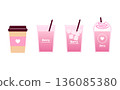 Vector illustration set of takeaway strawberry latte in paper cup and cup with straw. 136085380