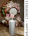 First Birthday Cake with Balloon Arch and Butterfly Decor 136085613