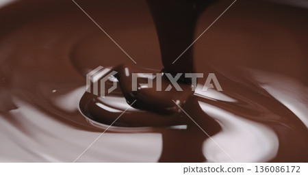 closeup pouring molten dark chocolate 136086172