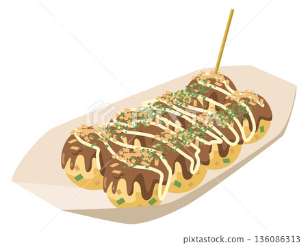 Illustration of takoyaki served on a paper plate Illustration of takoyaki served on a paper plate 136086313