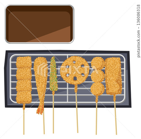 Illustration of a plate of kushikatsu and sauce 136086318