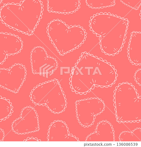 Romantic hearts vector seamless pattern. Outline white heart shapes with decorative scalloped edges on pink background. Cute minimalist repeat tile for Valentine's Day, wedding, cards, stationery Romantic hearts vector seamless pattern. Outline white heart shapes with decorative scalloped edges on pink background. Cute minimalist repeat tile for Valentine's Day, wedding, cards, stationery 136086539