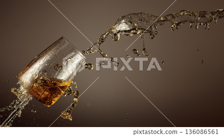 Glass and white wine splash on a beige background. 136086561