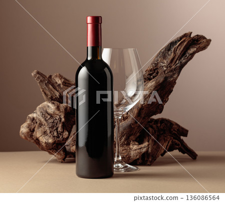 Bottle and glass of red wine with old weathered snag on a beige background. Bottle and glass of red wine with old weathered snag on a beige background. 136086564