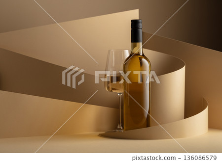 Bottle and glass of white wine on a beige background. Bottle and glass of white wine on a beige background. 136086579