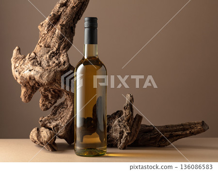 White wine and old snag on a beige background. 136086583