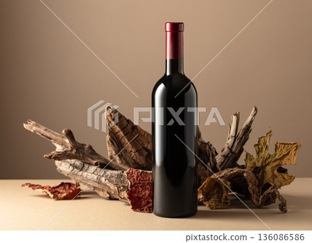 Red wine and old snag on a beige background. Red wine and old snag on a beige background. 136086586