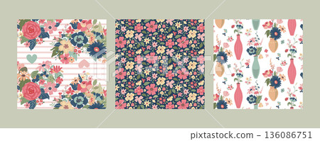 Set of three vector floral seamless patterns. A colorful endless pattern of flowers and plants. A Romantic collection 136086751