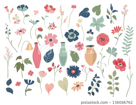 Collection of vector colorful flowers. Blooming garden. Set of chamomile, daisies Collection of vector colorful flowers. Blooming garden. Set of chamomile, daisies 136086762