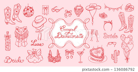 Hand Drawn Cowgirl Cowboy Illustration Set Coquette Doodle Style Vintage Whimsical Western Symbols Hand Drawn Cowgirl Cowboy Illustration Set Coquette Doodle Style Vintage Whimsical Western Symbols 136086792