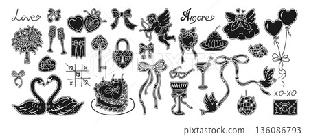 Whimsical Valentine Illustration Set Drawn Coquette Stamp Sticker Girly Romantic Vintage Elements 136086793