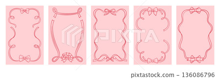 Frame Set Bows Ribbons Vintage Hand drawn Doodle Style Whimsical Coquette Pretty Romantic Borders 136086796