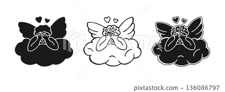 Hand Drawn Whimsical Cupid in Clouds Set Valentines Day Cute Mythological Symbol Love Illustration 136086797