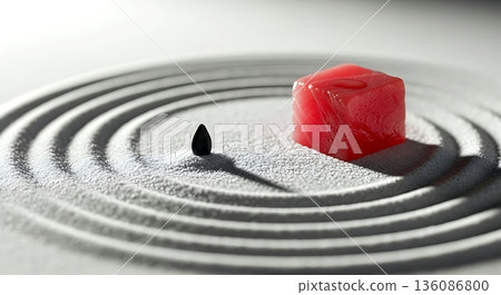 still life, Zen rock garden miniature of a single black sesame seed placed on a precisely raked white sand circle, with a piece of tuna as the viewing stone, serene morning light  136086800