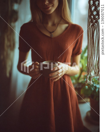 Earthy tone valentine mood captured as woman in rust colored dress holds ceramic cup near window with soft natural light and indoor plants creating cozy atmosphere Earthy tone valentine mood captured as woman in rust colored dress holds ceramic cup near window with soft natural light and indoor plants creating cozy atmosphere 136087011
