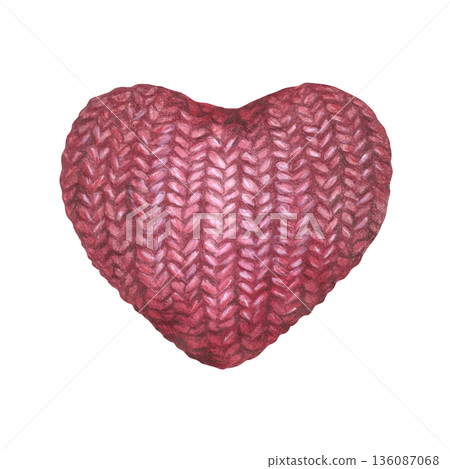 Red knitted heart clip art. Symbol of love, care and handmade warmth. Drawing with colored pencils and watercolor for Valentine's Day, knitting, handicrafts. Illustration isolated from background 136087068