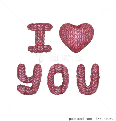 Red knitted I love you inscription and heart inside. Symbol of love and care. Postcard drawing with colored pencils and watercolor for Valentines Day, Senior Citizens Day. Isolated from background Red knitted I love you inscription and heart inside. Symbol of love and care. Postcard drawing with colored pencils and watercolor for Valentines Day, Senior Citizens Day. Isolated from background 136087069