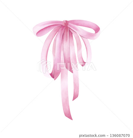 Watercolor pink bow, tied silk ribbon. Delicate watercolor satin textile, clip art illustration isolated on transparent background. Festive bow for gift box, card design, birth of daughter, holiday Watercolor pink bow, tied silk ribbon. Delicate watercolor satin textile, clip art illustration isolated on transparent background. Festive bow for gift box, card design, birth of daughter, holiday 136087070