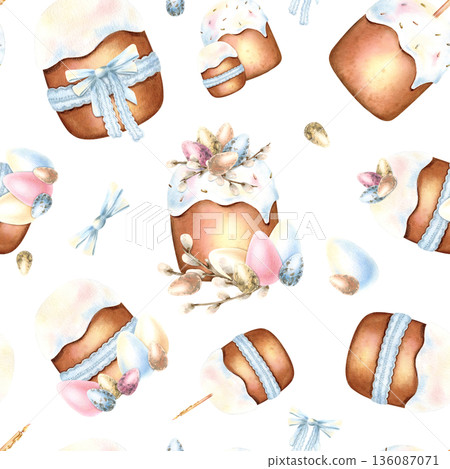 Watercolor Easter seamless pattern. Icing cake tied with lace blue ribbon, colorful eggs in pastel colors. Traditional religious food for Festive packaging. Delicate hand drawn isolated Illustration Watercolor Easter seamless pattern. Icing cake tied with lace blue ribbon, colorful eggs in pastel colors. Traditional religious food for Festive packaging. Delicate hand drawn isolated Illustration 136087071