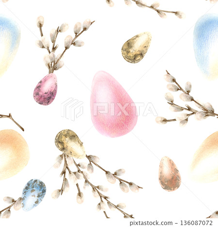 Watercolor willow branches with Easter colorful eggs seamless pattern. Traditional symbol of religious bright holiday in pastel colors. Hand drawn illustration isolated from background for packaging 136087072