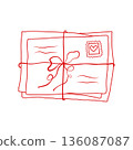 Love letter outline vector illustration. Hand drawn red line sketch drawing of stack of envelopes with ribbon bow isolated on white background. Romantic letter with heart postage stamp for Valentine 136087087