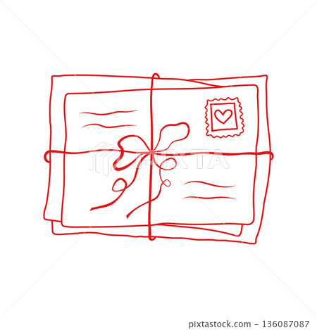 Love letter outline vector illustration. Hand drawn red line sketch drawing of stack of envelopes with ribbon bow isolated on white background. Romantic letter with heart postage stamp for Valentine Love letter outline vector illustration. Hand drawn red line sketch drawing of stack of envelopes with ribbon bow isolated on white background. Romantic letter with heart postage stamp for Valentine 136087087