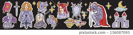 Fantasy sticker set, medieval magic fairytale doodle illustration, hand drawn mystic character art.  136087093