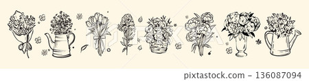 Doodle flower set, hand drawn spring blossom ink line illustration, whimsical holiday bouquet print. 136087094