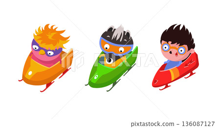 Cute characters hedgehog in sled. Bobsleigh sport and winter competitions. Vector flat illustration isolated on white background for children books.  136087127