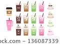 Illustration set of takeout cups for cafe drinks. Coffee, latte, matcha, and pink drinks. Paper cups 136087339