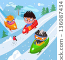 Cute characters on sleds. Scene in mountains with snow. Bobsleigh and winter competitions. Vector flat illustration on background for children book. 136087434