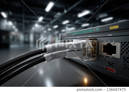 close-up network cables plugged into server rack 136087475