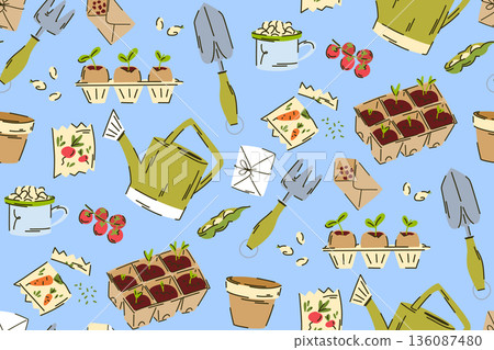 A seamless pattern with a gardening theme, featuring watering cans, seeds, scoops, and seedlings. Hand-Drawn Gardening Essentials and Seedlings Seamless Pattern 136087480
