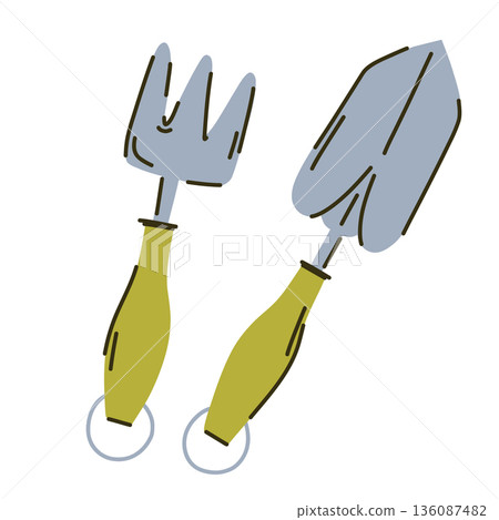 A metal shovel and hoe with green wooden handles for loosening the soil, planting plants and removing weeds, a gardening kit for home and garden A metal shovel and hoe with green wooden handles for loosening the soil, planting plants and removing weeds, a gardening kit for home and garden 136087482