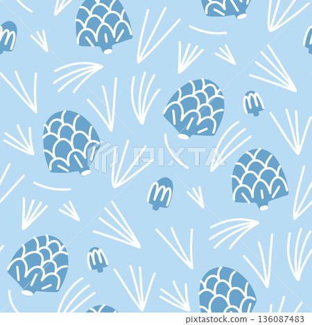 Siberian cedar cones and needles in a frosty blue pattern to visualize the fresh spruce aroma Siberian cedar cones and needles in a frosty blue pattern to visualize the fresh spruce aroma 136087483