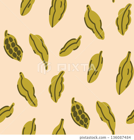 Sparse calm background pattern with green cardamom seeds on cream, fragrance concept Sparse calm background pattern with green cardamom seeds on cream, fragrance concept 136087484