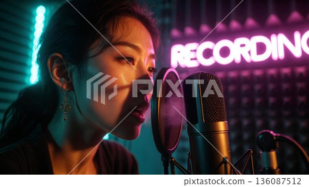 Young asian woman recording vocals in a vibrant neon-lit studio, perfect for music production, artist promotion, and creative industry themes 136087512